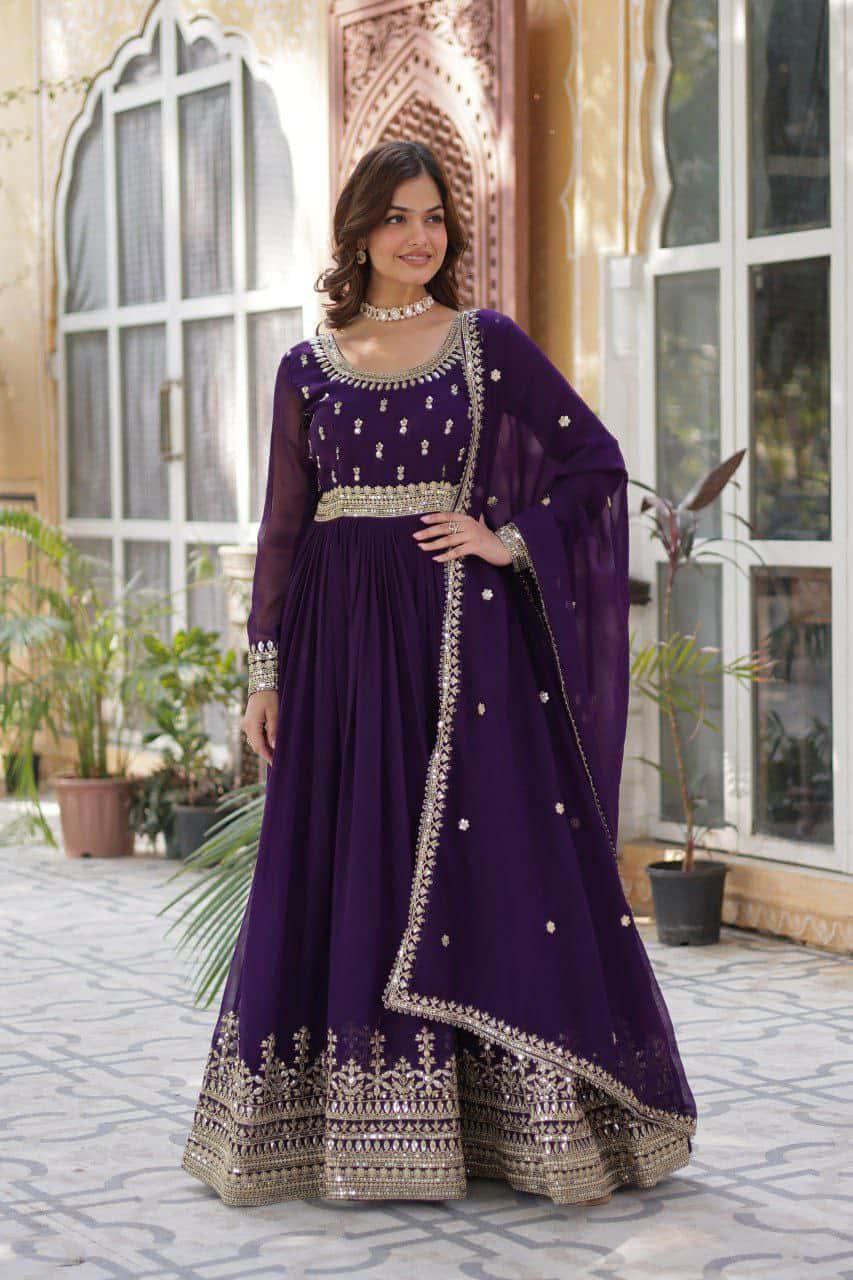 “Elegance Redefined: Faux Blooming Embroidered Gown with Sequins and Designer Dupatta”