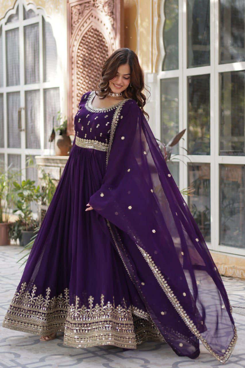 “Elegance Redefined: Faux Blooming Embroidered Gown with Sequins and Designer Dupatta”