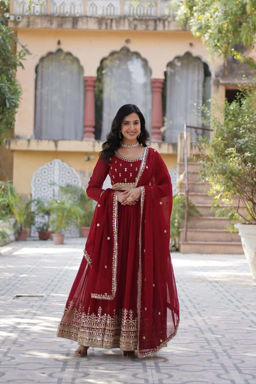 “Elegance Redefined: Faux Blooming Embroidered Gown with Sequins and Designer Dupatta”