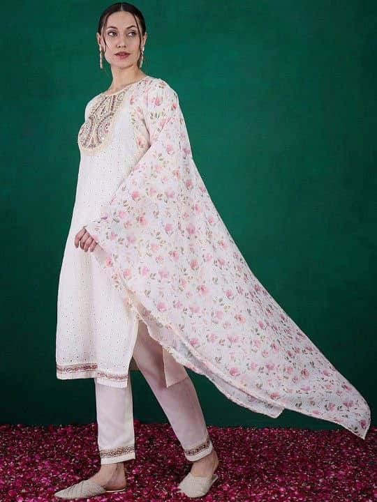 "Elegant Schiffli Cotton Kurti Set with Sequence Embroidery, Viscose Chanderi Bottom & Kota Chex Dupatta"