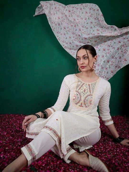 "Elegant Schiffli Cotton Kurti Set with Sequence Embroidery, Viscose Chanderi Bottom & Kota Chex Dupatta"