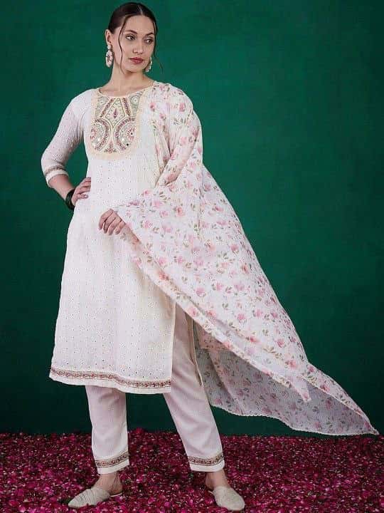 "Elegant Schiffli Cotton Kurti Set with Sequence Embroidery, Viscose Chanderi Bottom & Kota Chex Dupatta"