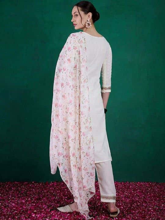 "Elegant Schiffli Cotton Kurti Set with Sequence Embroidery, Viscose Chanderi Bottom & Kota Chex Dupatta"