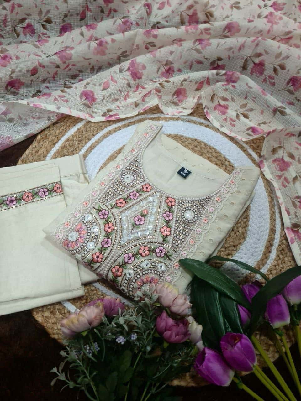 "Elegant Schiffli Cotton Kurti Set with Sequence Embroidery, Viscose Chanderi Bottom & Kota Chex Dupatta"