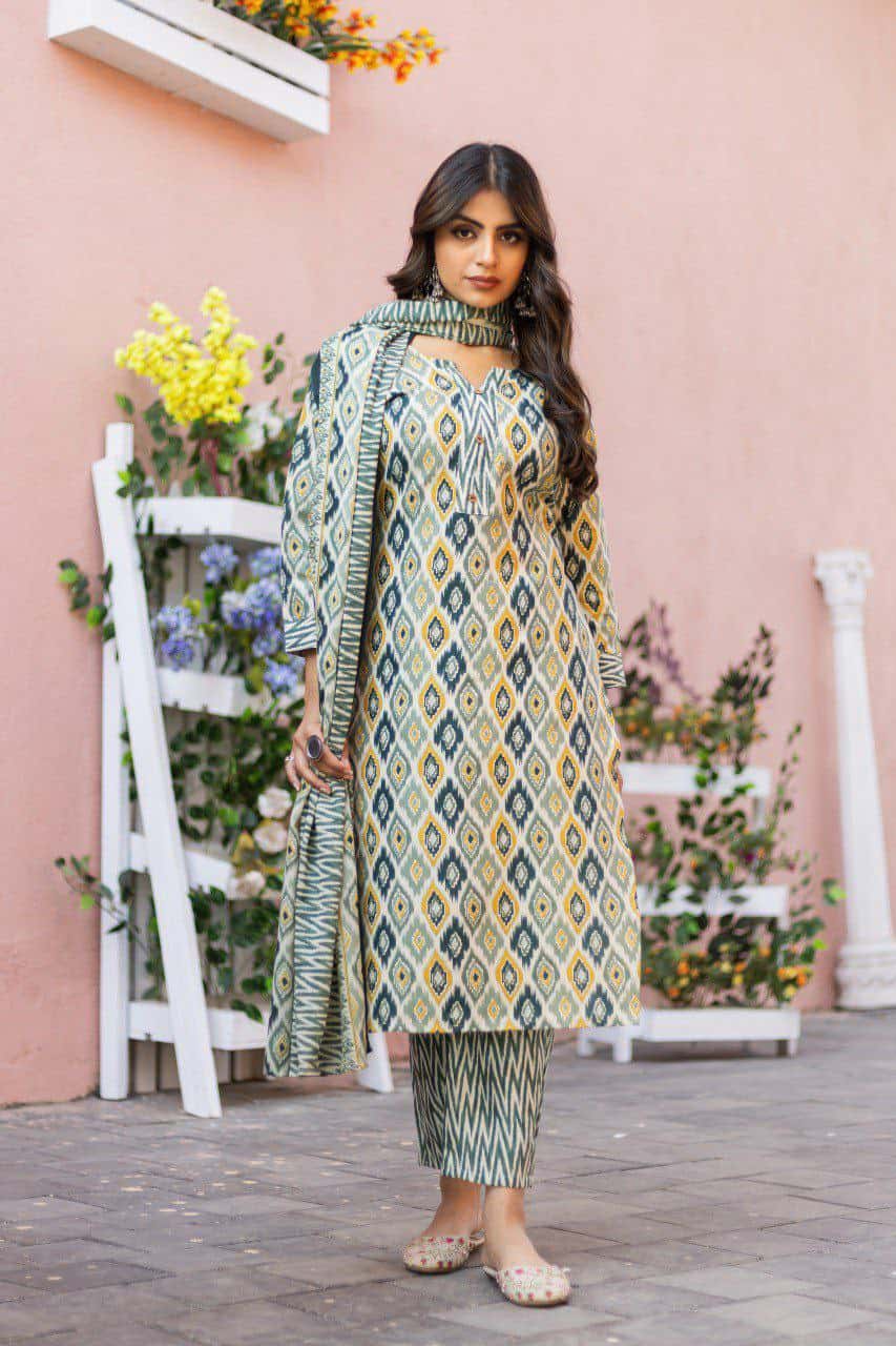 "Elegant Pista Green Cotton Printed V-Neck Kurti with Divider Plaza & Mal Cotton Dupatta"