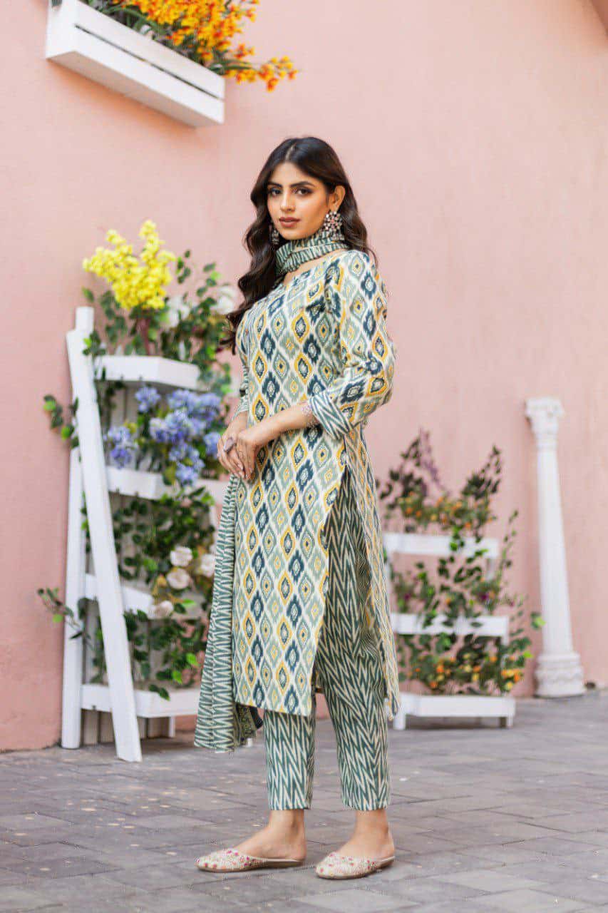"Elegant Pista Green Cotton Printed V-Neck Kurti with Divider Plaza & Mal Cotton Dupatta"