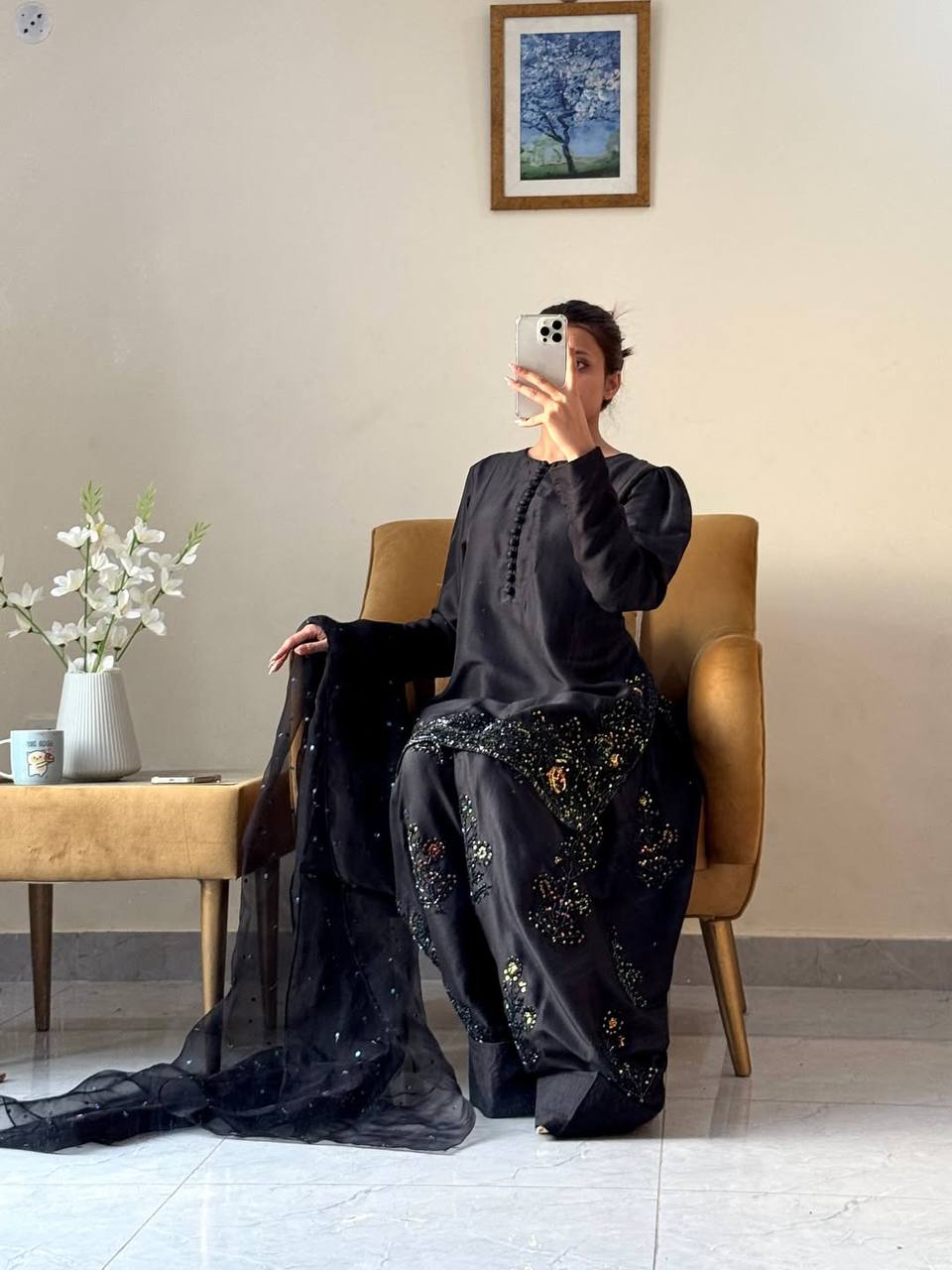 Fully Stitched Natural Crepe Silk Embroidered Suit with Farshi Plazzo & Net Dupatta