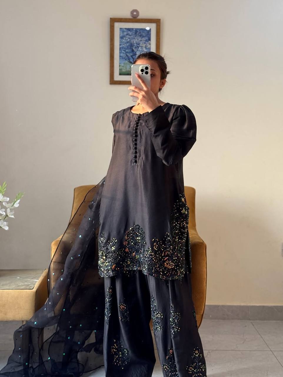 Fully Stitched Natural Crepe Silk Embroidered Suit with Farshi Plazzo & Net Dupatta