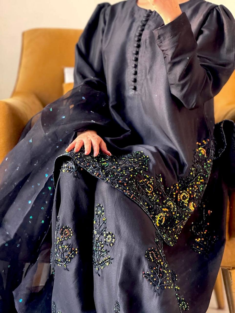 Fully Stitched Natural Crepe Silk Embroidered Suit with Farshi Plazzo & Net Dupatta