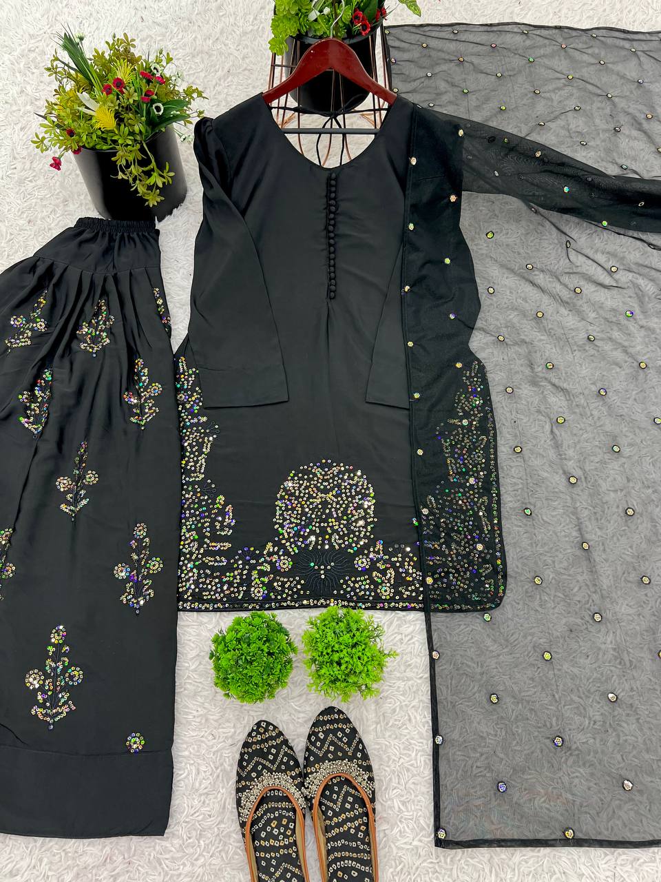 Fully Stitched Natural Crepe Silk Embroidered Suit with Farshi Plazzo & Net Dupatta