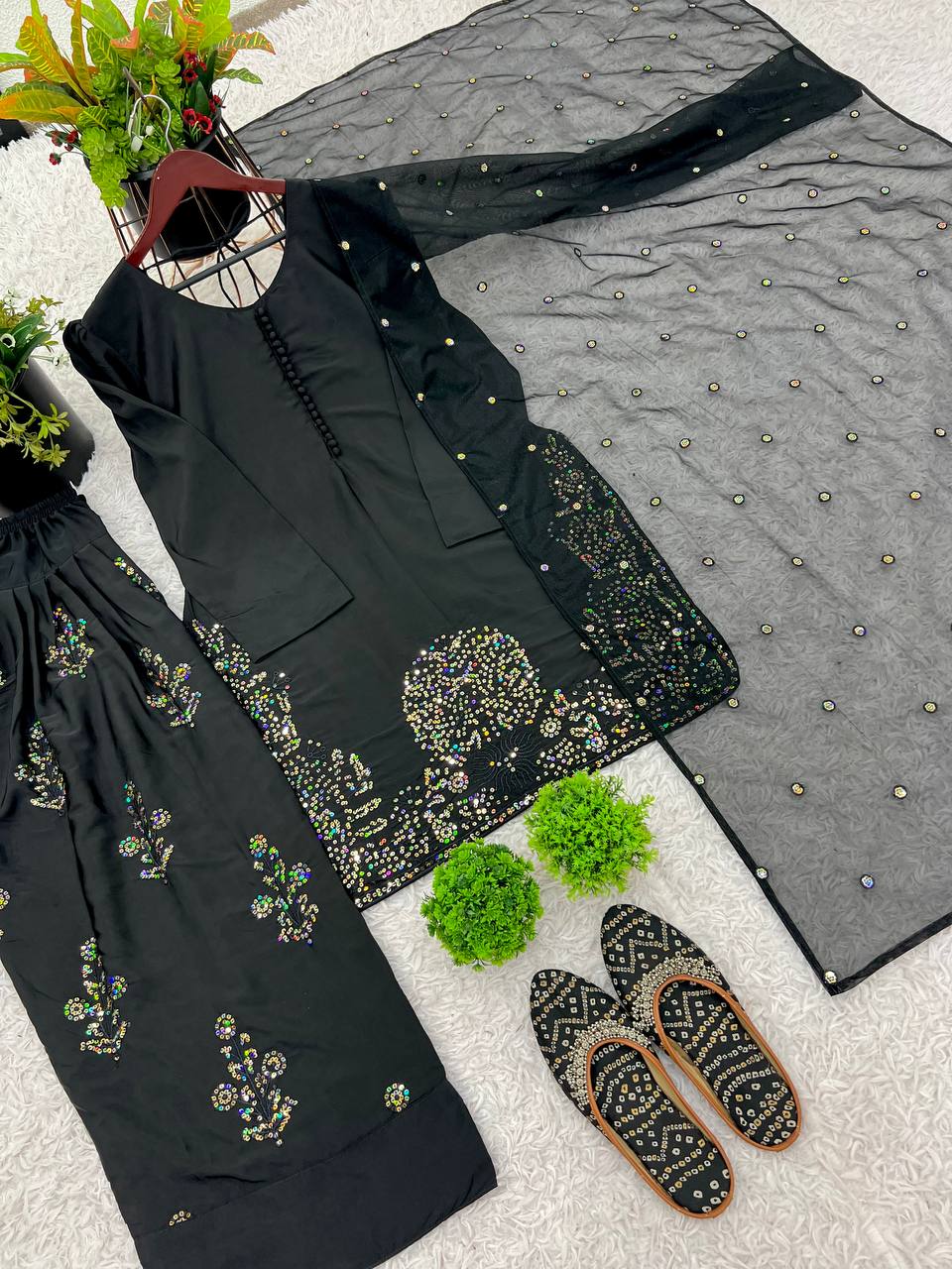 Fully Stitched Natural Crepe Silk Embroidered Suit with Farshi Plazzo & Net Dupatta