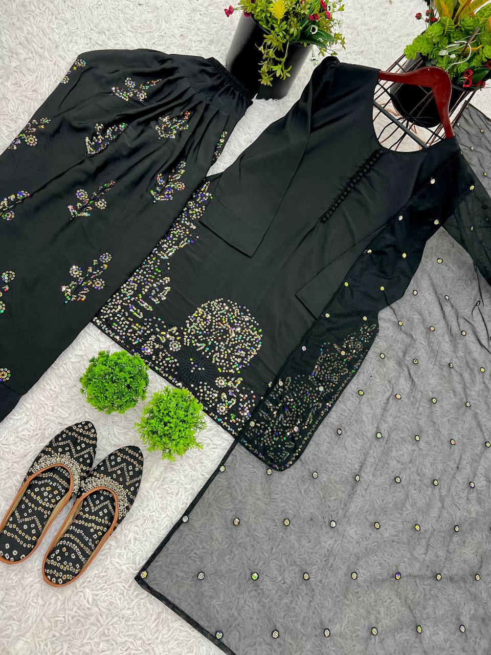 Fully Stitched Natural Crepe Silk Embroidered Suit with Farshi Plazzo & Net Dupatta