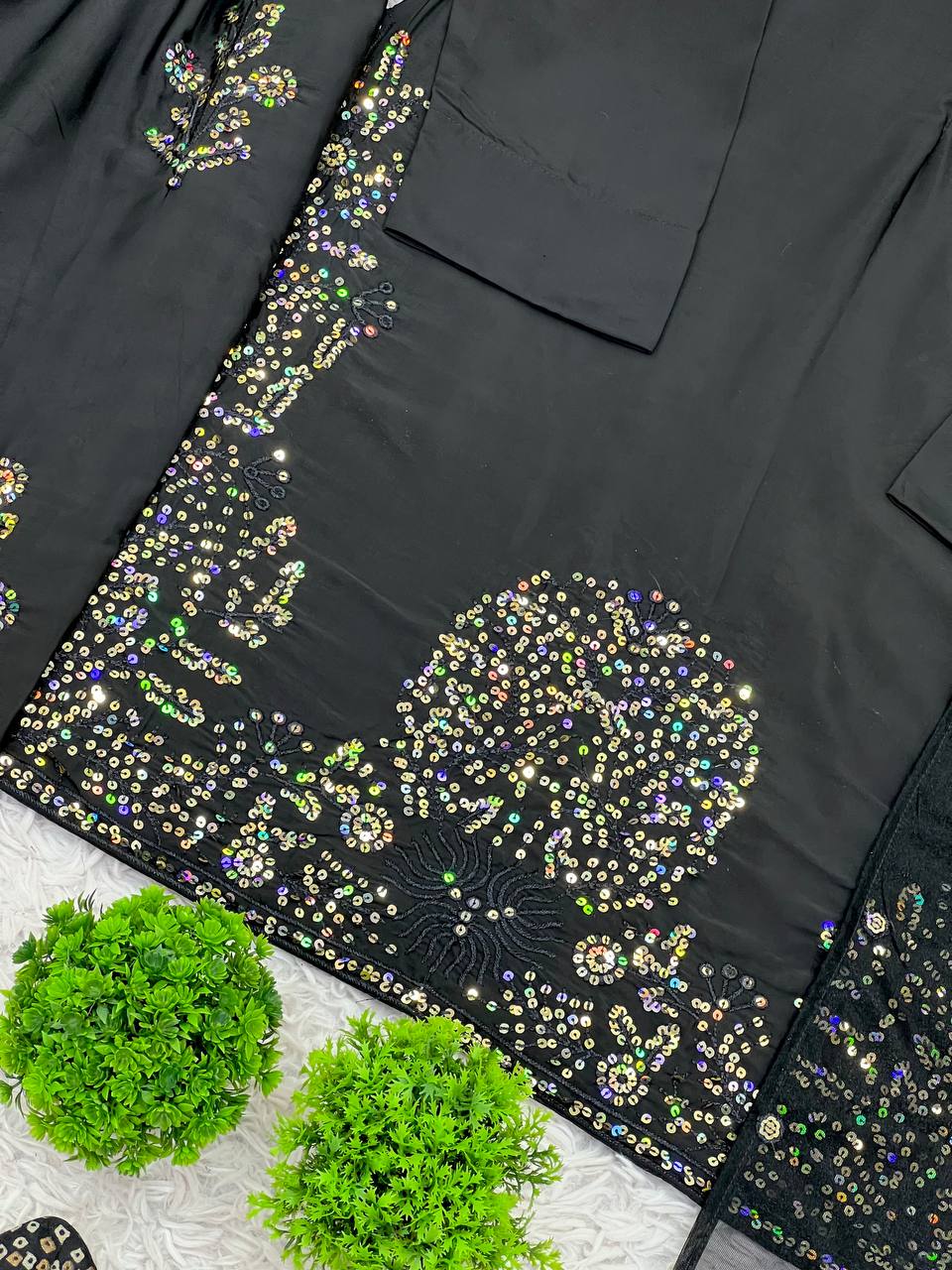 Fully Stitched Natural Crepe Silk Embroidered Suit with Farshi Plazzo & Net Dupatta