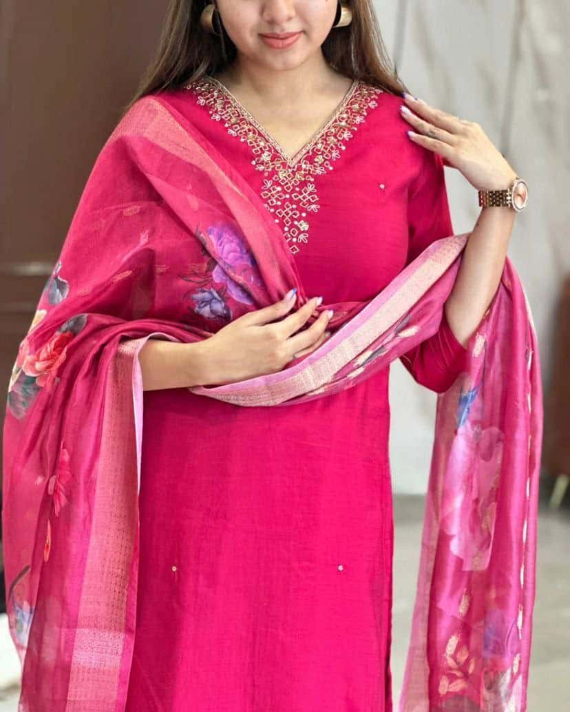 "Embroidered Viscose Chanderi Kurti Set with Jaquard Dupatta"