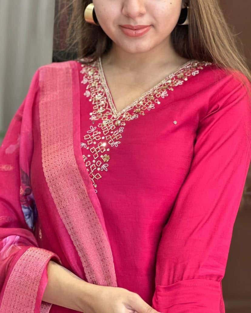 "Embroidered Viscose Chanderi Kurti Set with Jaquard Dupatta"