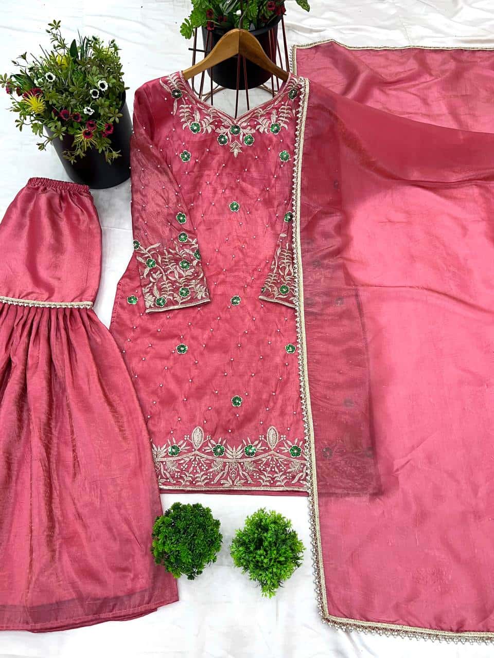 Elegant Gold Crush Top with Plazzo and Dupatta Set