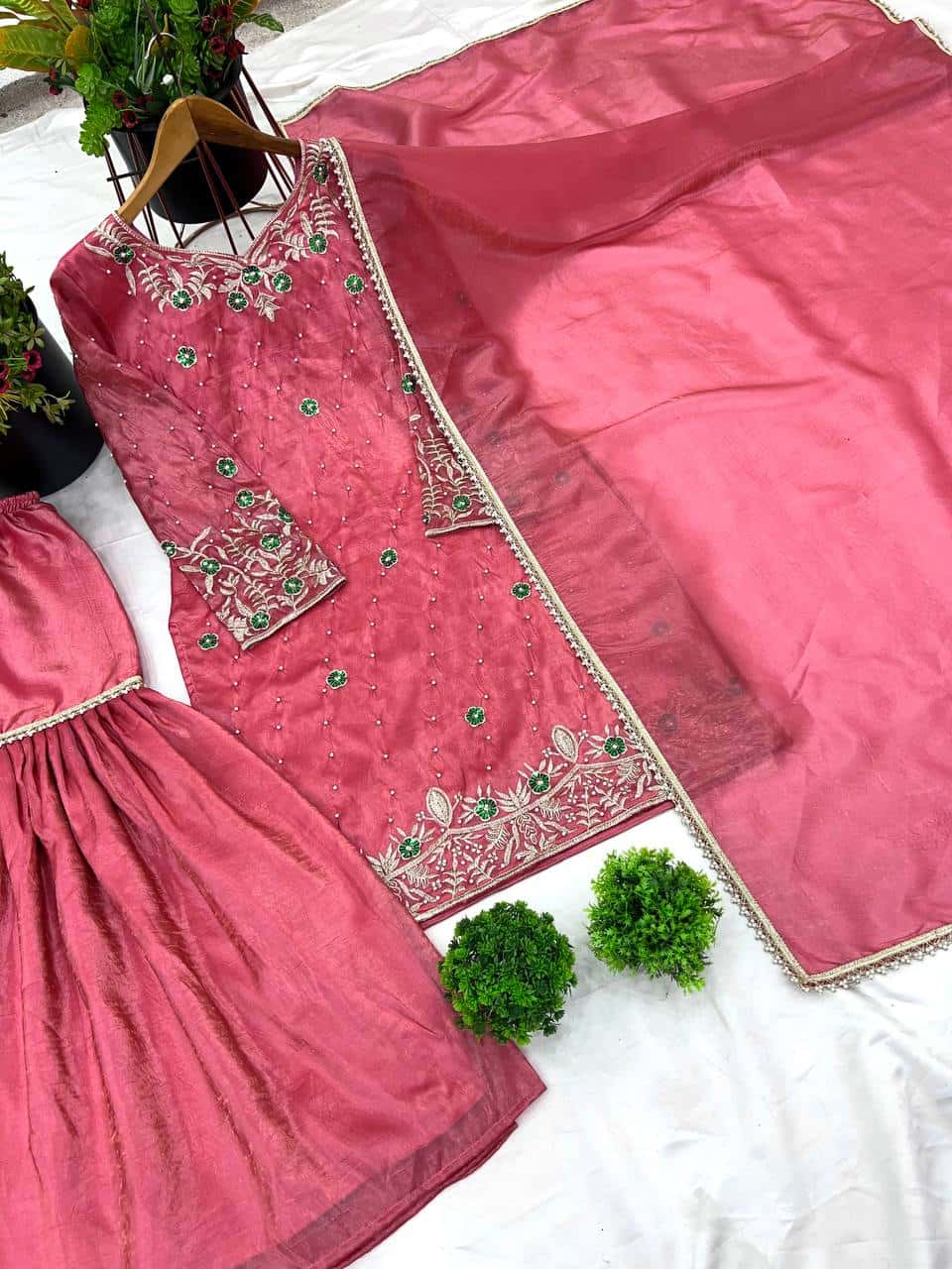 Elegant Gold Crush Top with Plazzo and Dupatta Set