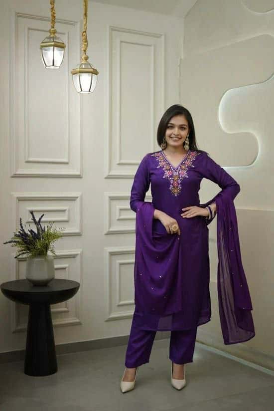 "Elegant Vichitra Silk Embroidered Kurti Set with Viscose Chanderi Dupatta"