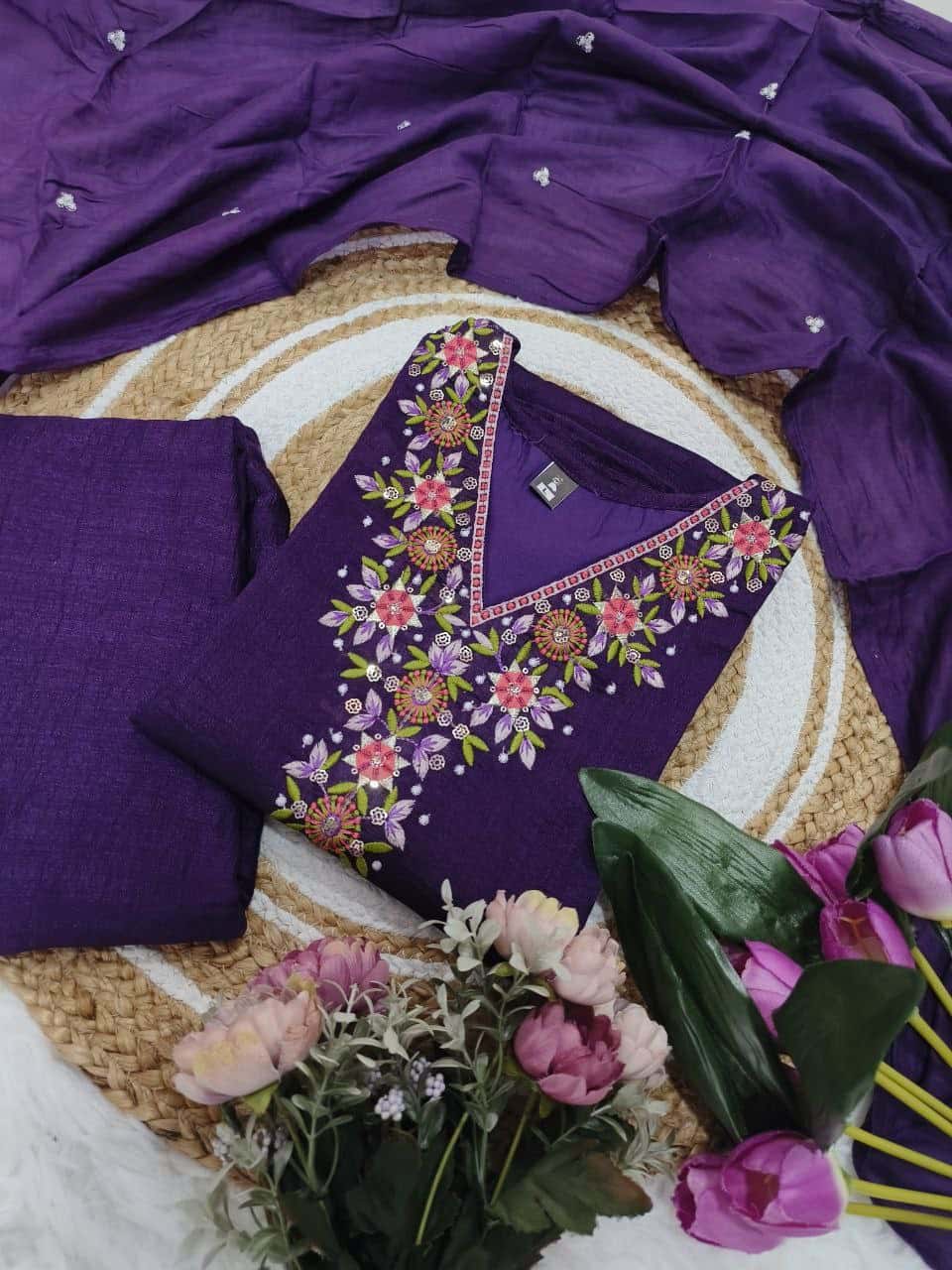 "Elegant Vichitra Silk Embroidered Kurti Set with Viscose Chanderi Dupatta"