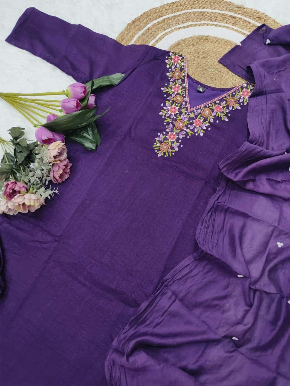"Elegant Vichitra Silk Embroidered Kurti Set with Viscose Chanderi Dupatta"
