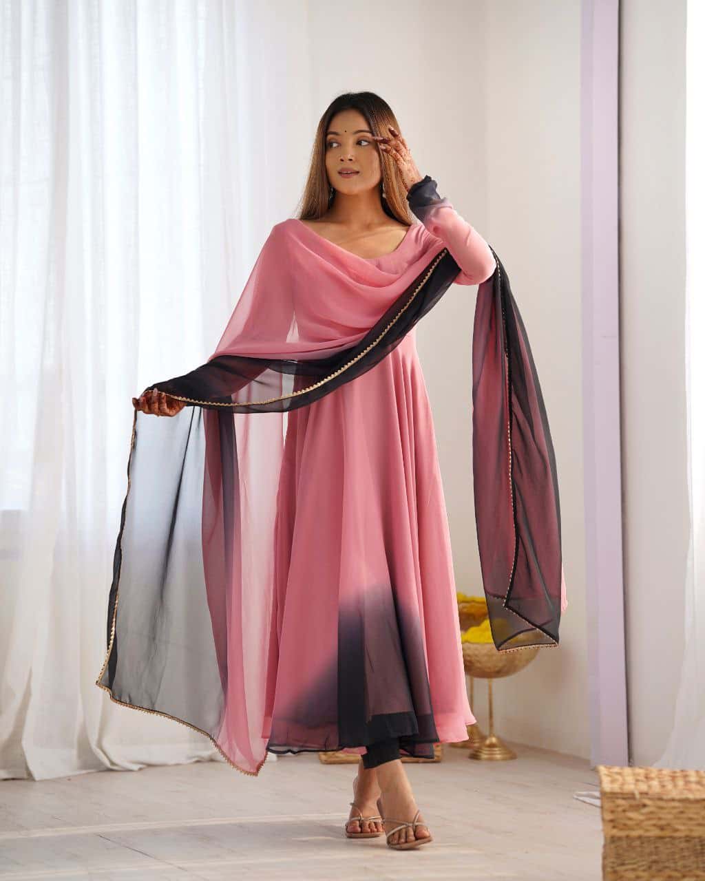 "Elegant Heavy Pure Soft Fox Georgette Anarkali Gown Set with Fancy Lace Work Dupatta & Fully Stitched Pant"