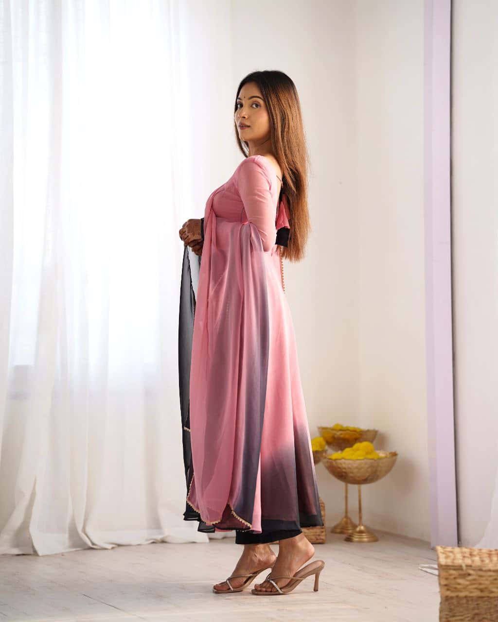 "Elegant Heavy Pure Soft Fox Georgette Anarkali Gown Set with Fancy Lace Work Dupatta & Fully Stitched Pant"