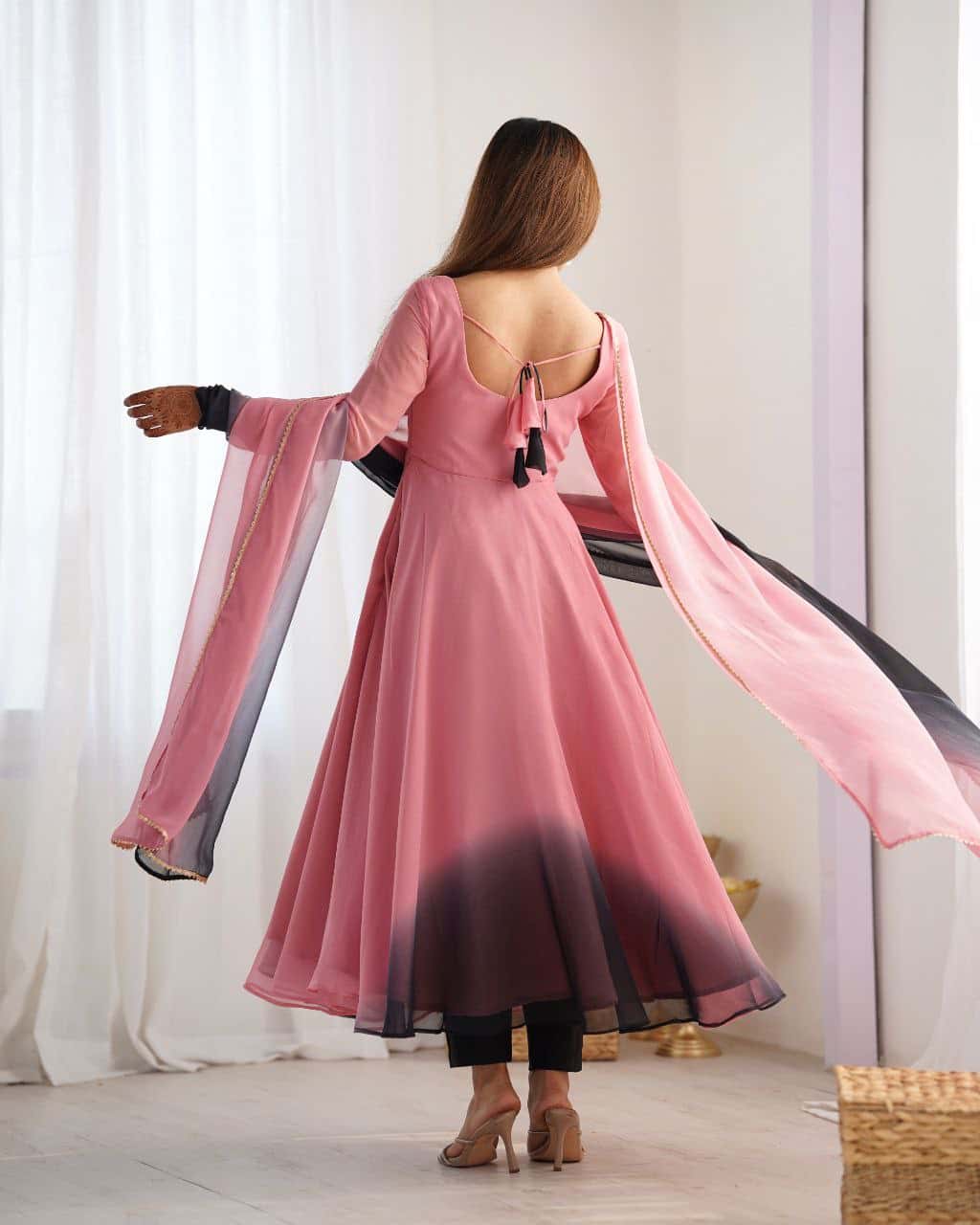 "Elegant Heavy Pure Soft Fox Georgette Anarkali Gown Set with Fancy Lace Work Dupatta & Fully Stitched Pant"