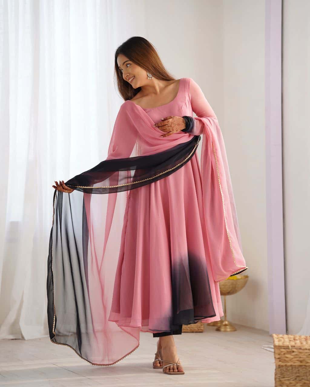 "Elegant Heavy Pure Soft Fox Georgette Anarkali Gown Set with Fancy Lace Work Dupatta & Fully Stitched Pant"