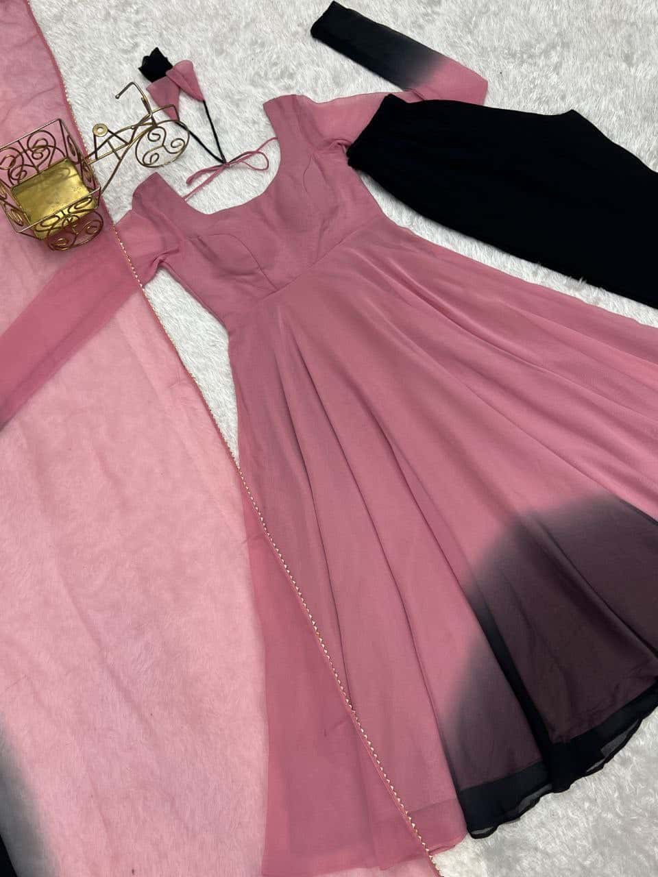"Elegant Heavy Pure Soft Fox Georgette Anarkali Gown Set with Fancy Lace Work Dupatta & Fully Stitched Pant"