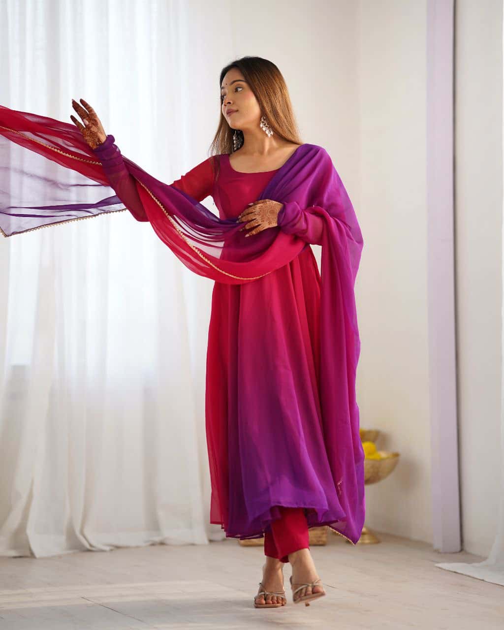 "Elegant Heavy Pure Soft Fox Georgette Anarkali Gown Set with Fancy Lace Work Dupatta & Fully Stitched Pant"