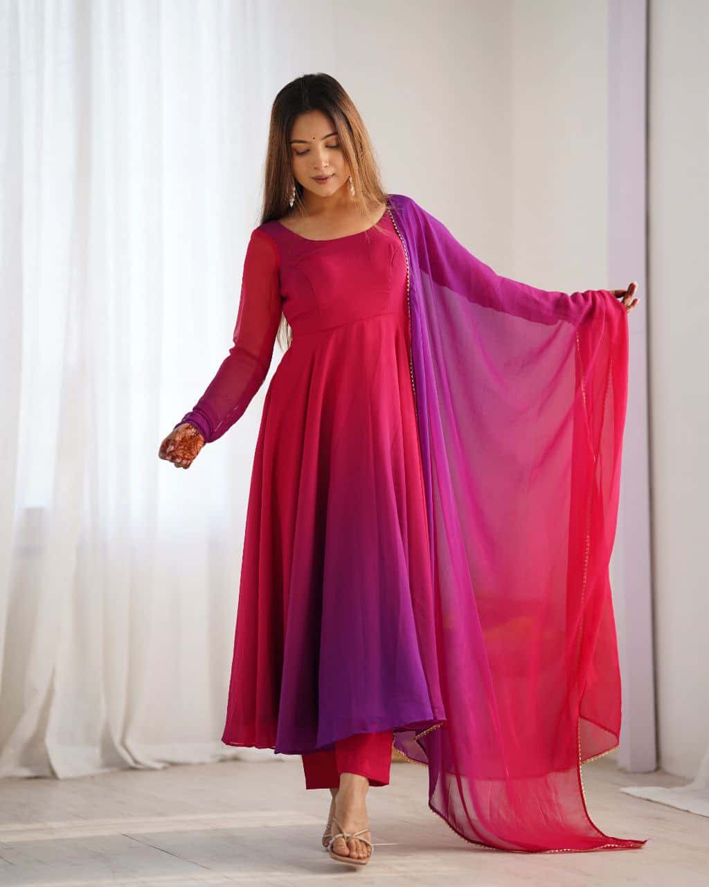 "Elegant Heavy Pure Soft Fox Georgette Anarkali Gown Set with Fancy Lace Work Dupatta & Fully Stitched Pant"