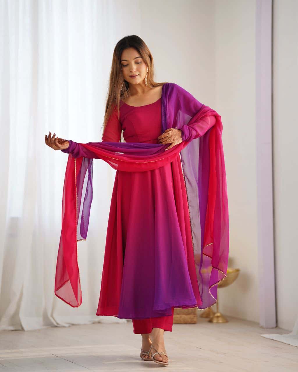 "Elegant Heavy Pure Soft Fox Georgette Anarkali Gown Set with Fancy Lace Work Dupatta & Fully Stitched Pant"