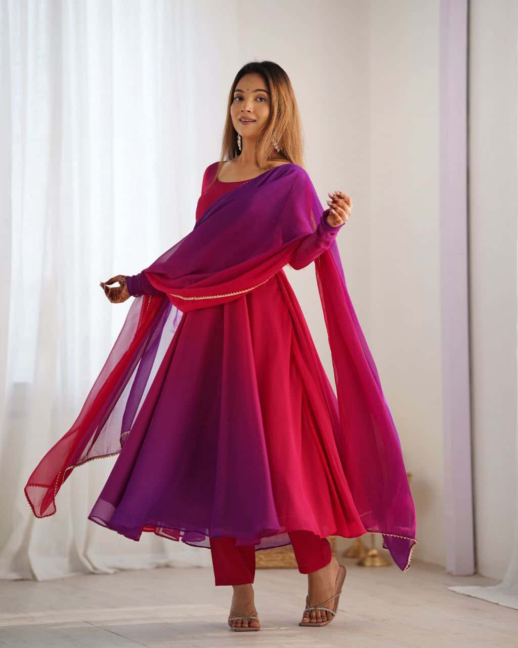 "Elegant Heavy Pure Soft Fox Georgette Anarkali Gown Set with Fancy Lace Work Dupatta & Fully Stitched Pant"