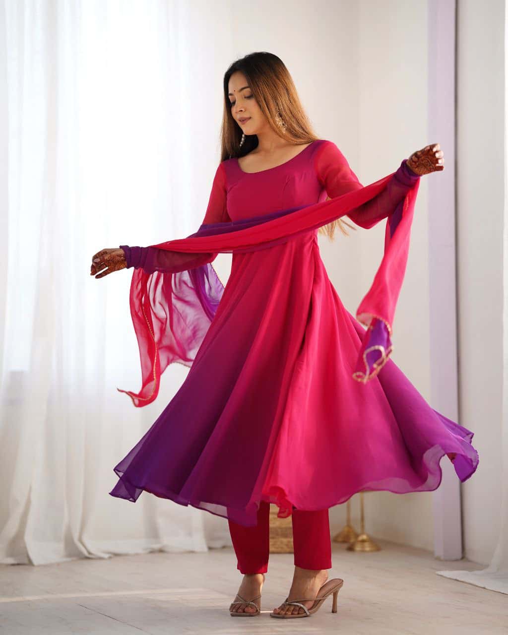 "Elegant Heavy Pure Soft Fox Georgette Anarkali Gown Set with Fancy Lace Work Dupatta & Fully Stitched Pant"
