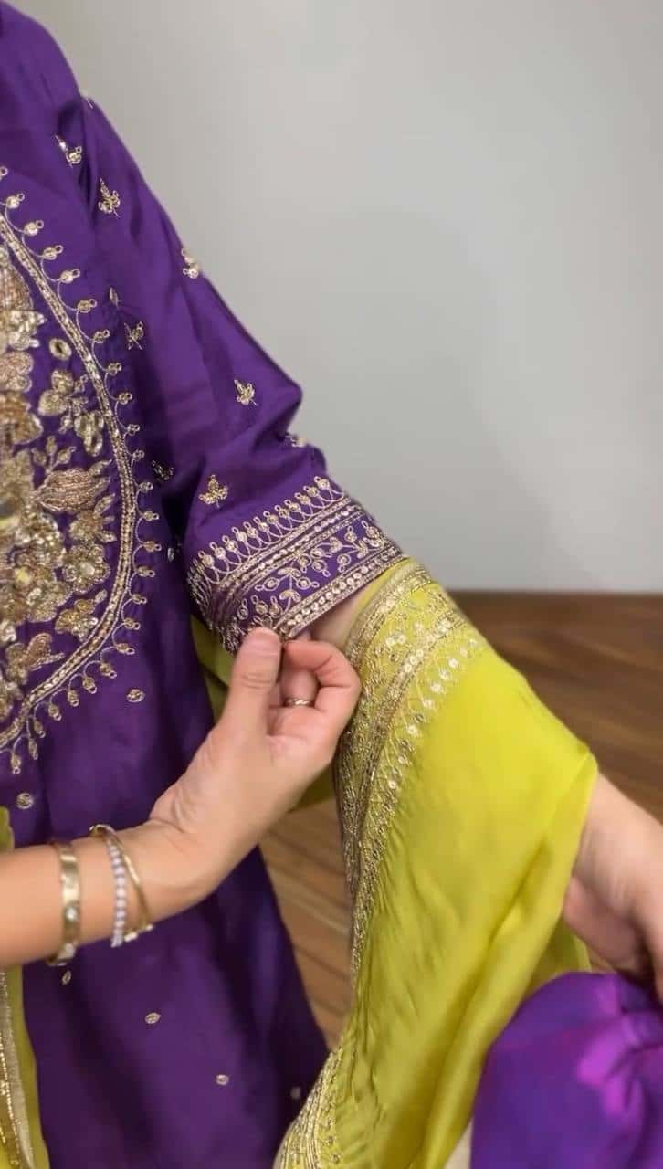 Elegant Heavy Chinnon Silk Embroidered Top with Flared Sharara & Dupatta