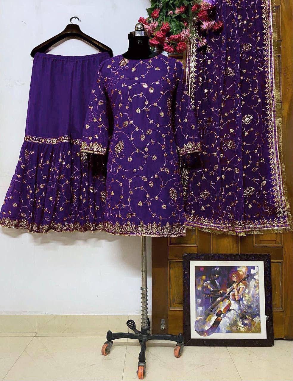 Festival wear Georgette Embroidered Top &amp; Sharara Set with Dupatta