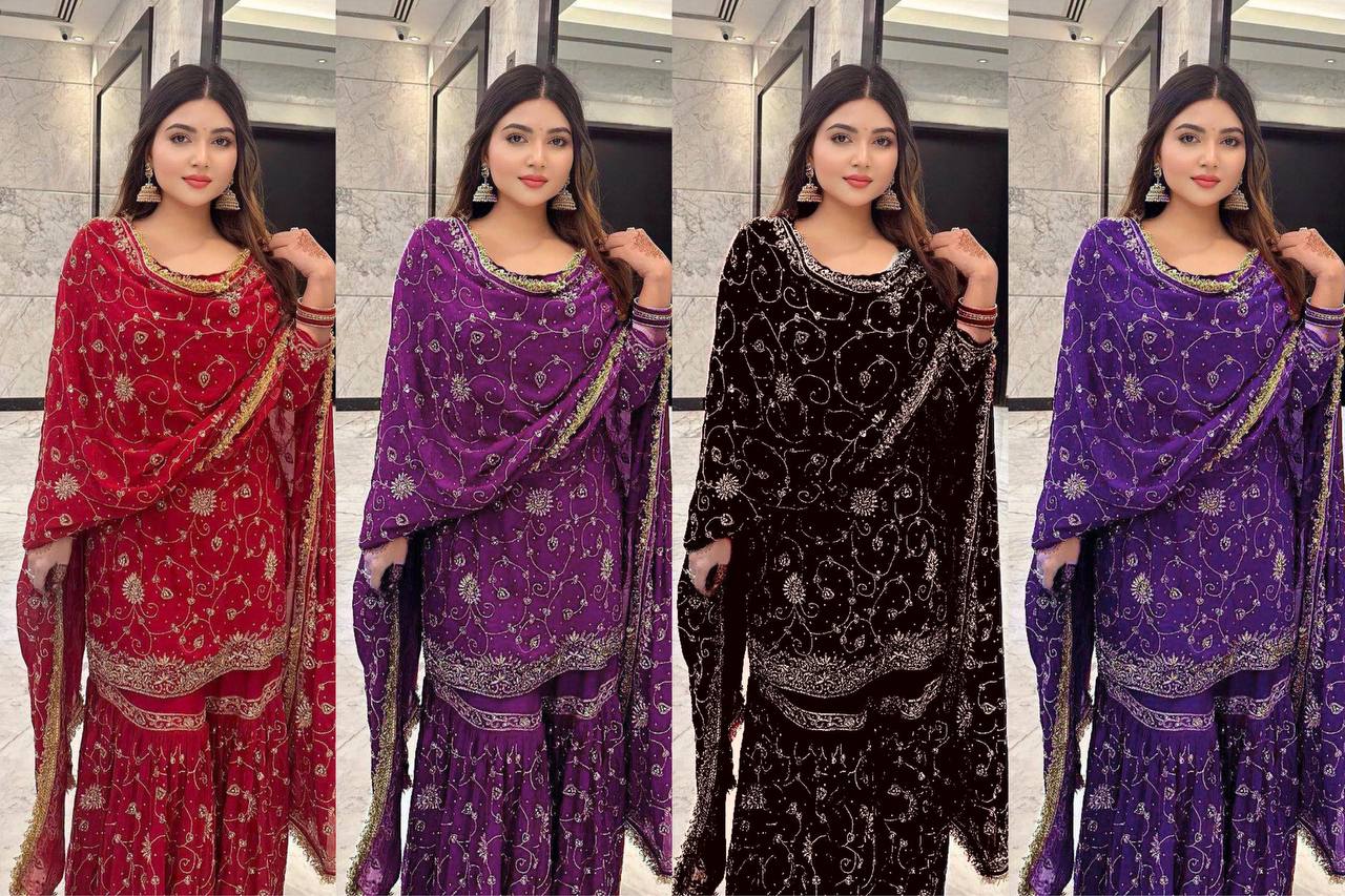 Festival wear Georgette Embroidered Top &amp; Sharara Set with Dupatta