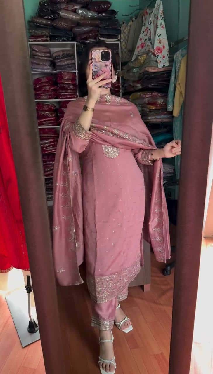 "Elegant Chinnon Silk Embroidered Set with Sequence Work - Top, Pant & Dupatta"