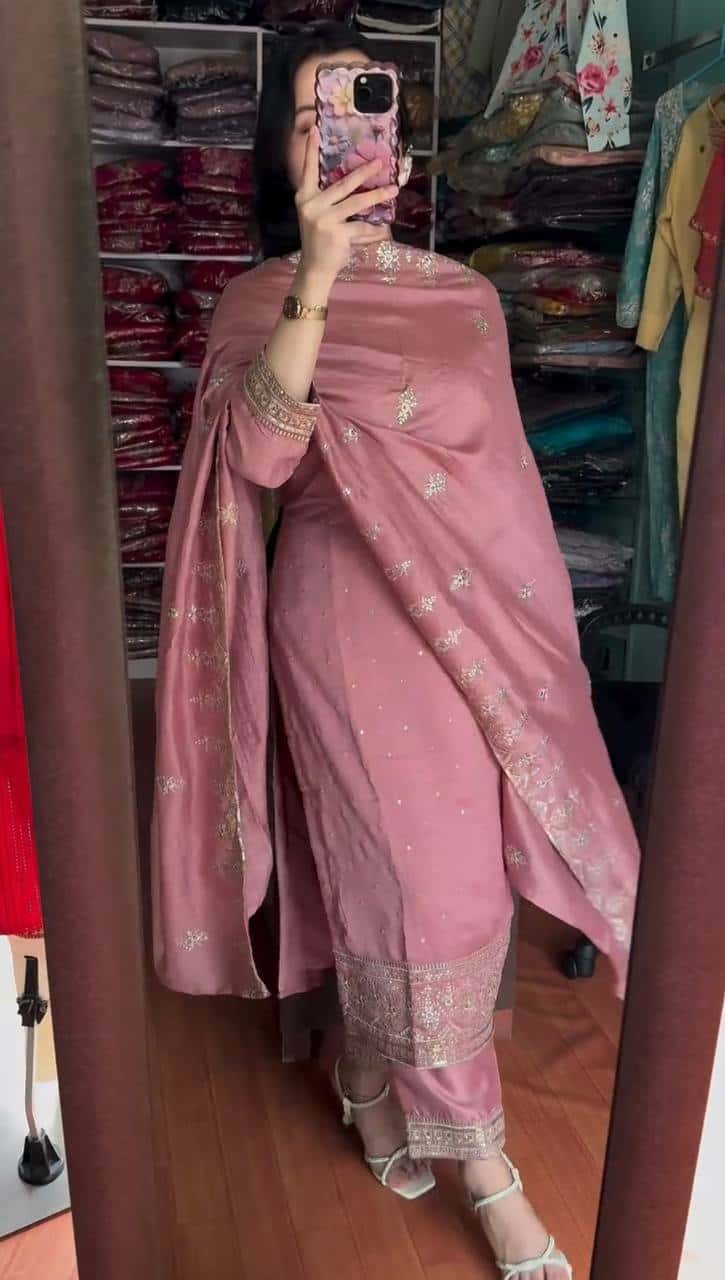 "Elegant Chinnon Silk Embroidered Set with Sequence Work - Top, Pant & Dupatta"