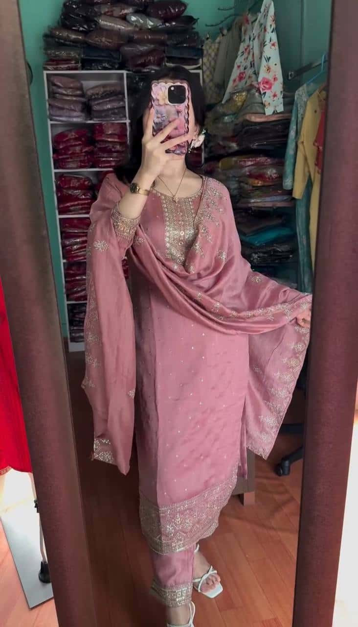 "Elegant Chinnon Silk Embroidered Set with Sequence Work - Top, Pant & Dupatta"