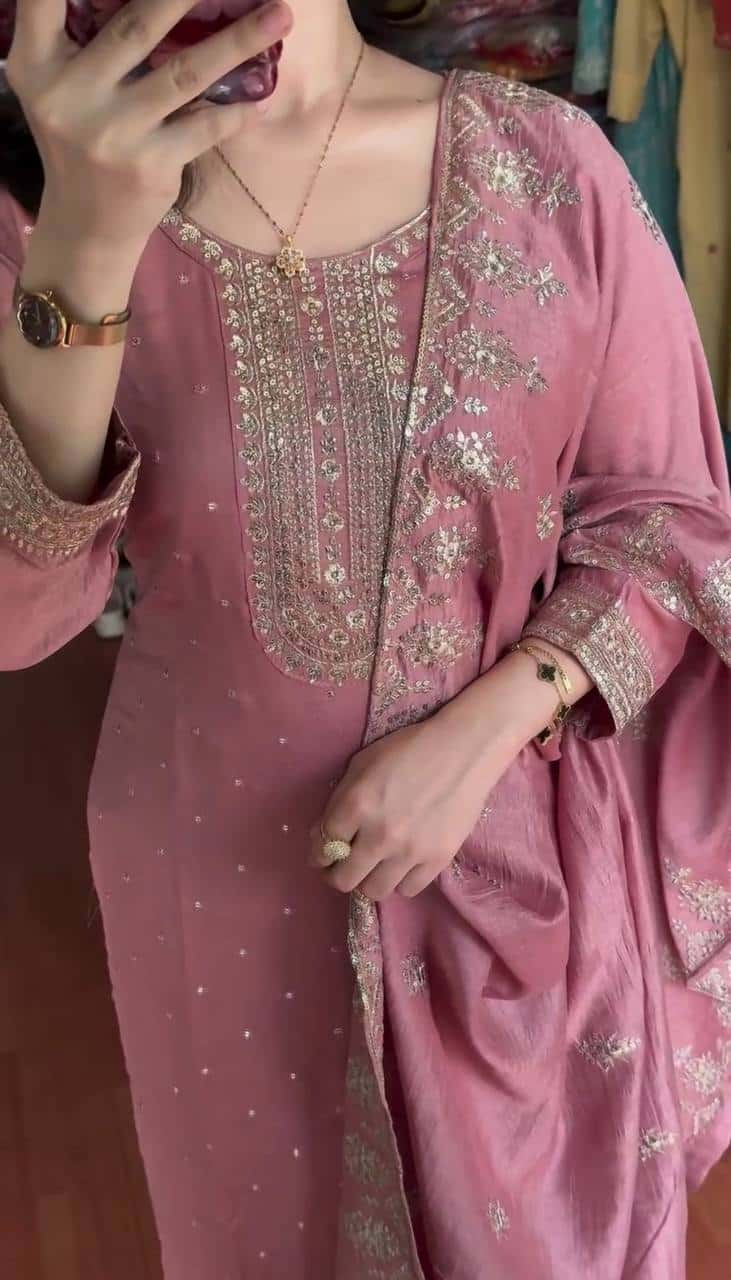 "Elegant Chinnon Silk Embroidered Set with Sequence Work - Top, Pant & Dupatta"
