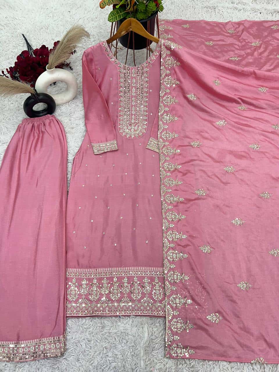 "Elegant Chinnon Silk Embroidered Set with Sequence Work - Top, Pant & Dupatta"