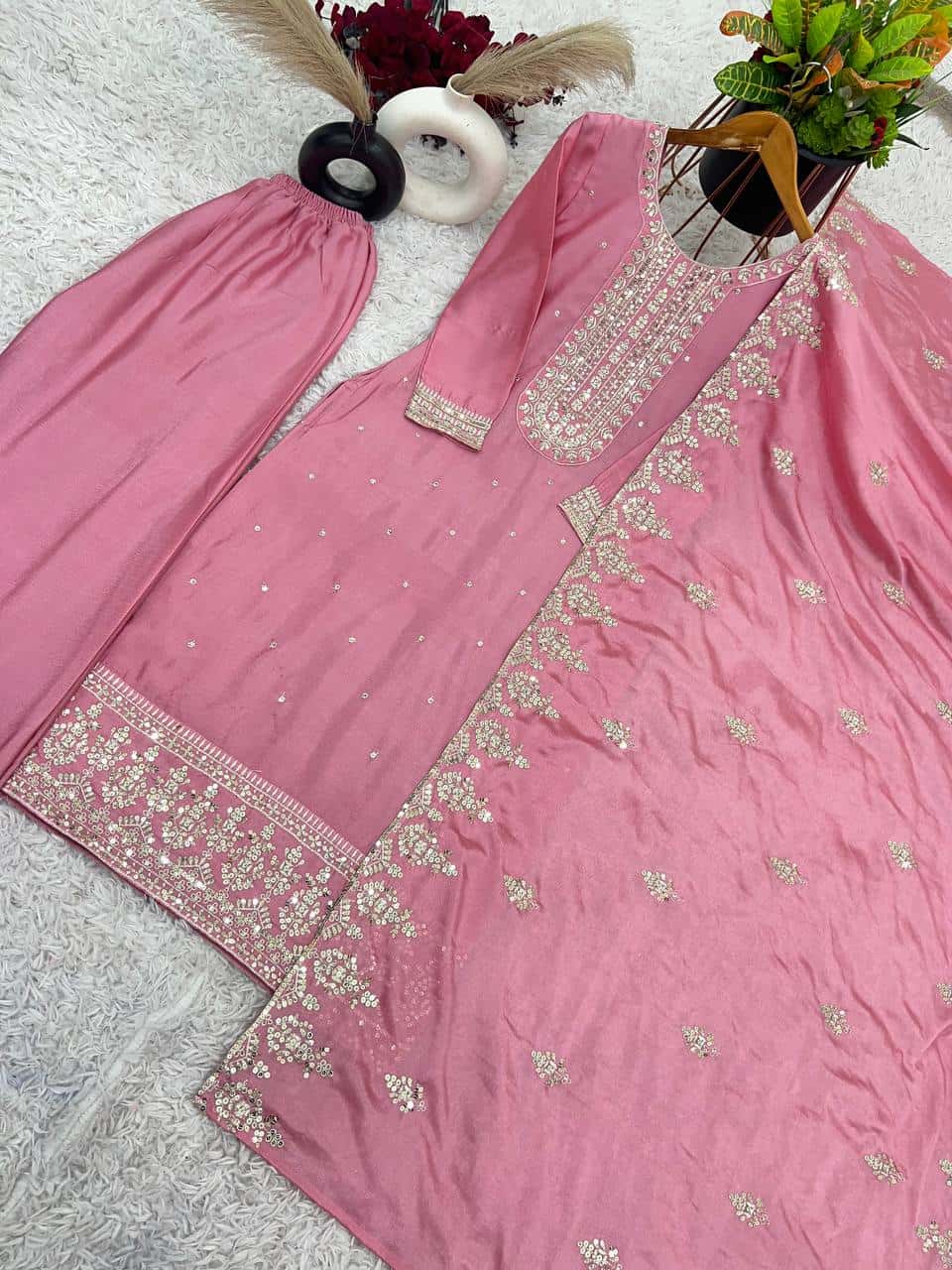 "Elegant Chinnon Silk Embroidered Set with Sequence Work - Top, Pant & Dupatta"