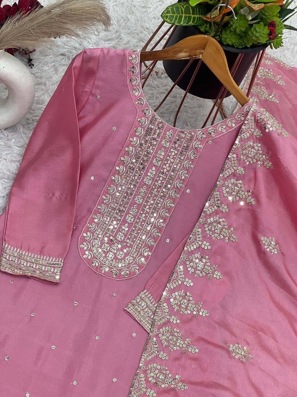 "Elegant Chinnon Silk Embroidered Set with Sequence Work - Top, Pant & Dupatta"