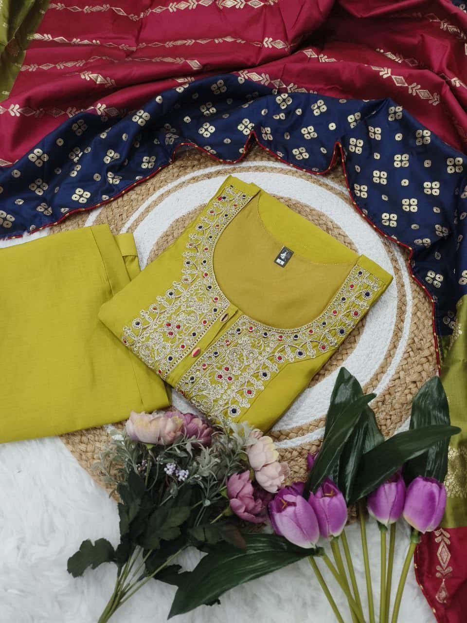 "Elegant Viscose Chanderi Embroidered Kurti Set with Jaquard Dupatta"