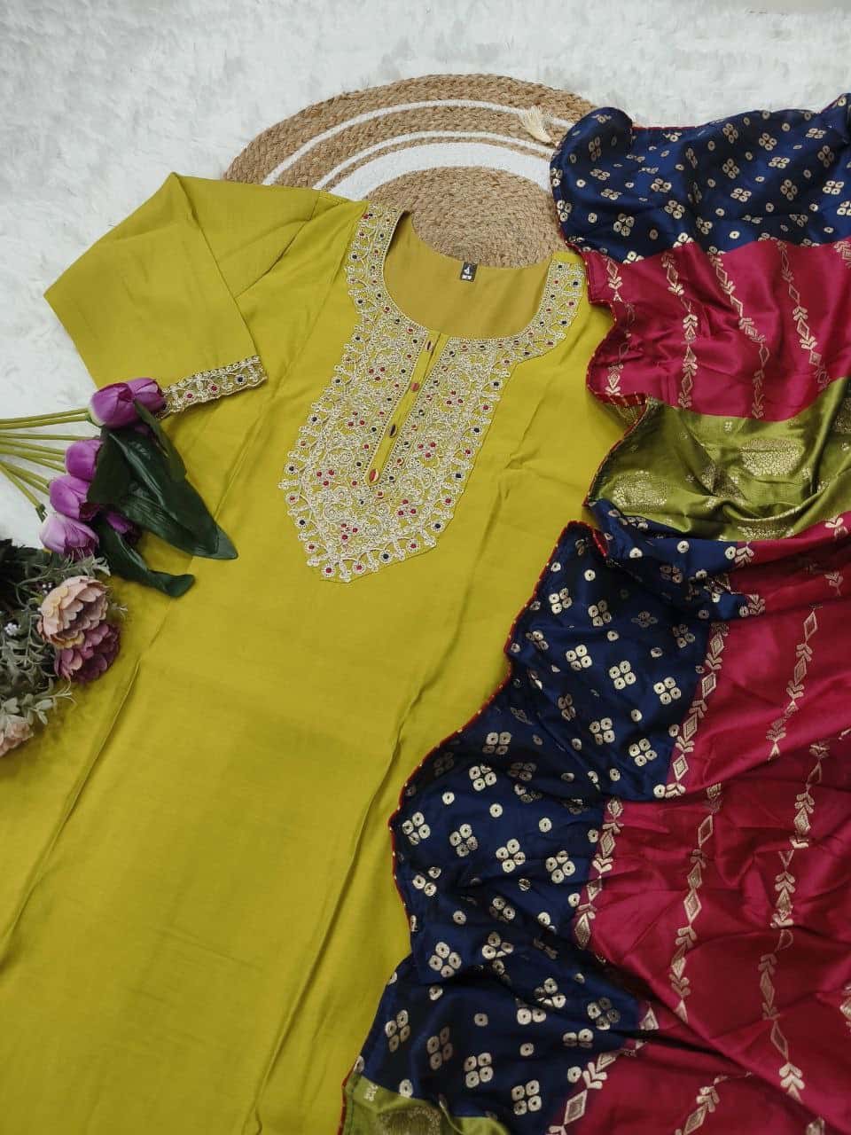 "Elegant Viscose Chanderi Embroidered Kurti Set with Jaquard Dupatta"