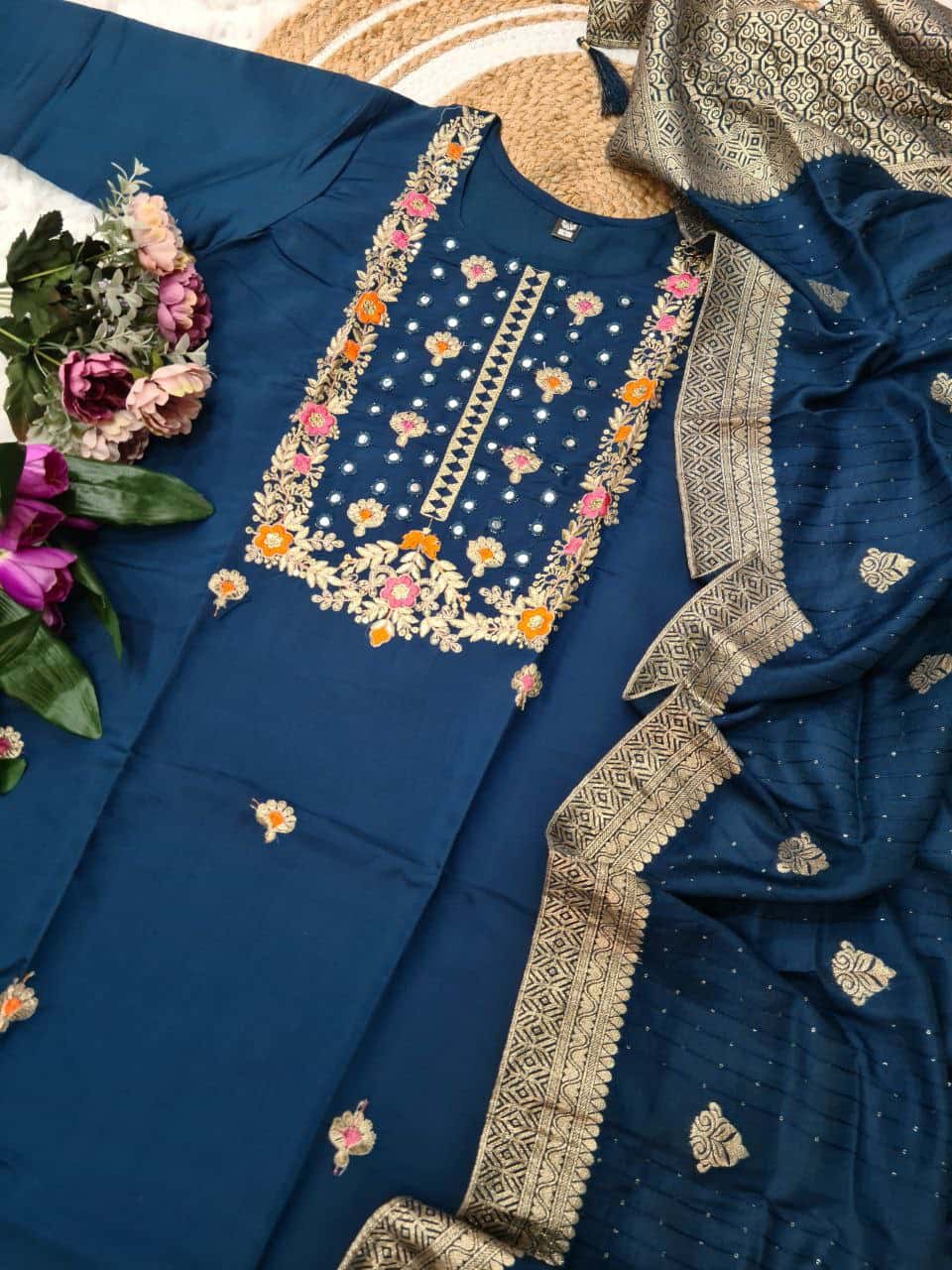 "Elegant Viscose Chanderi Kurti Set with Sequence Embroidery & Jacquard Dupatta"