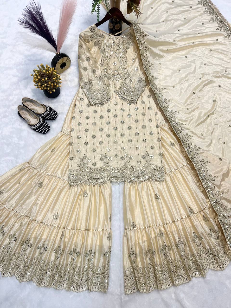 Women Wedding wear heavy silk kurta sharara with dupatta sets