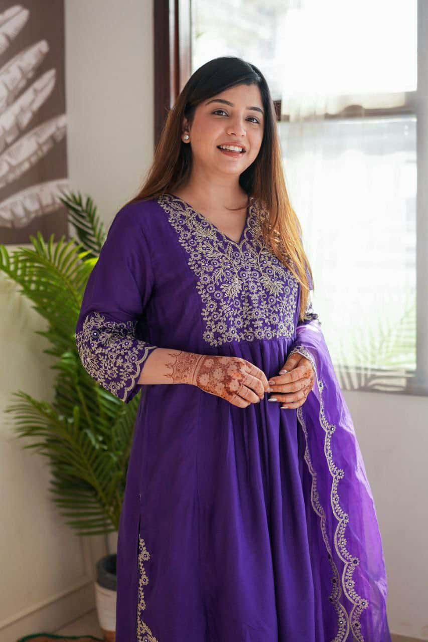 "Viscose Chanderi Kurti Set with Sequence Embroidery and Jaquard Dupatta"