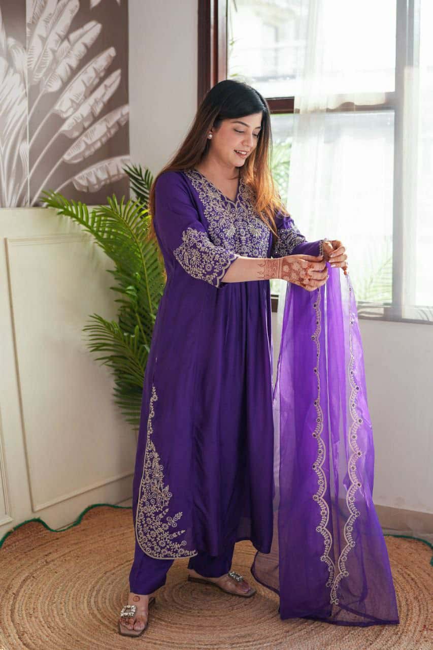 "Viscose Chanderi Kurti Set with Sequence Embroidery and Jaquard Dupatta"